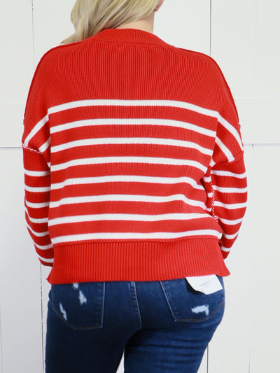 Women’s Stripe Exposed Seam Oversized Sweater Top Red