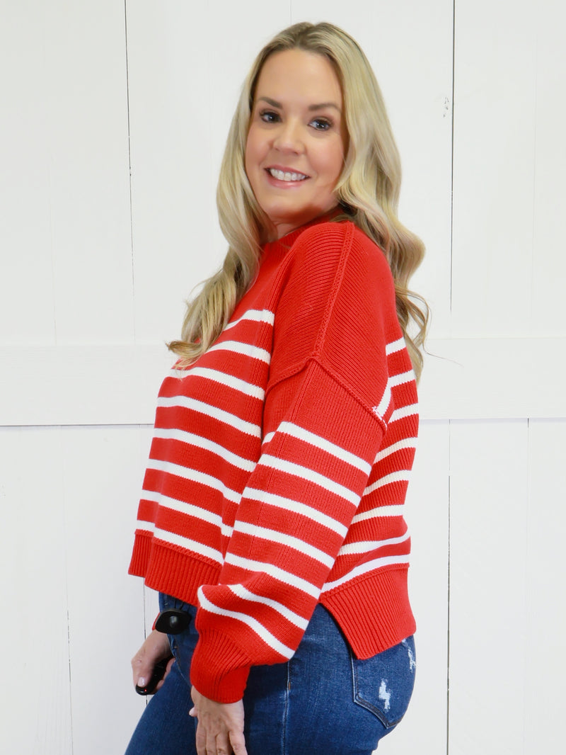 Women’s Stripe Exposed Seam Oversized Sweater Top Red