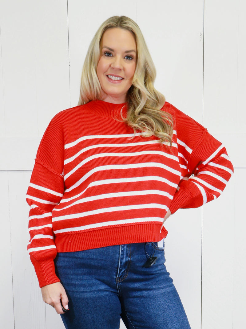 Women’s Stripe Exposed Seam Oversized Sweater Top Red