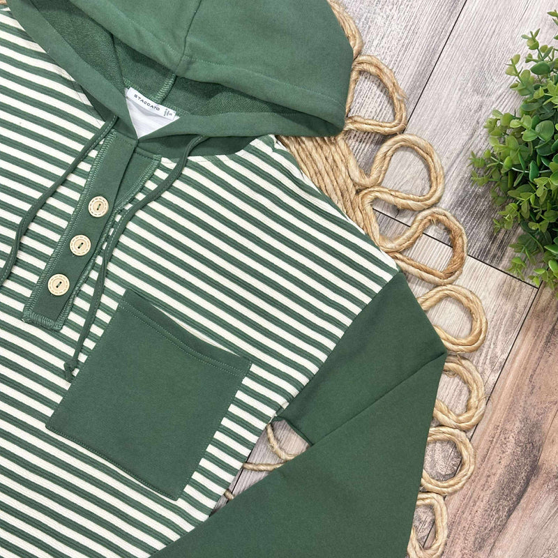 Women’s Stripe Pocket Hoodie Top Pullover Sweater