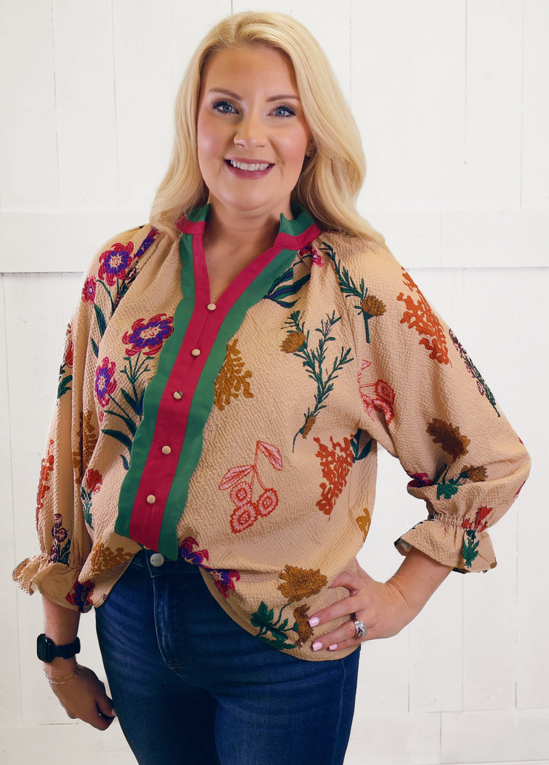 Women’s Tan Floral Split Neck Top