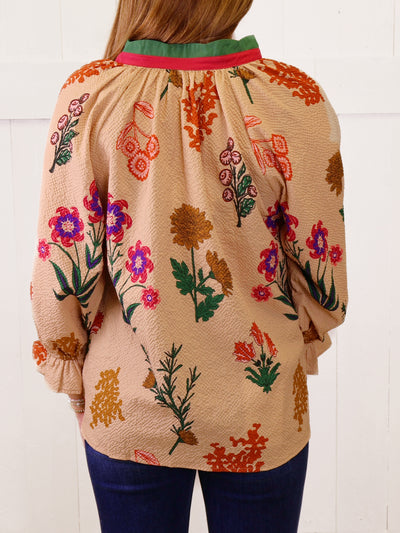 Women’s Tan Floral Split Neck Top