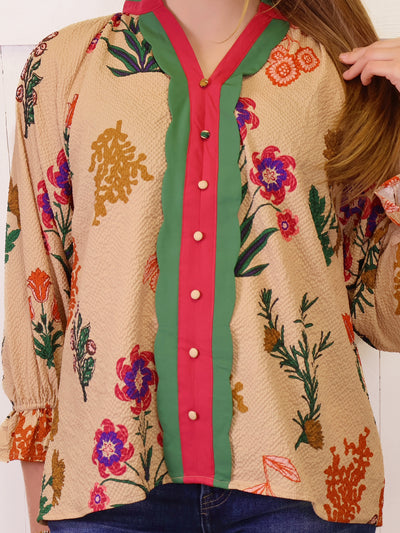 Women’s Tan Floral Split Neck Top