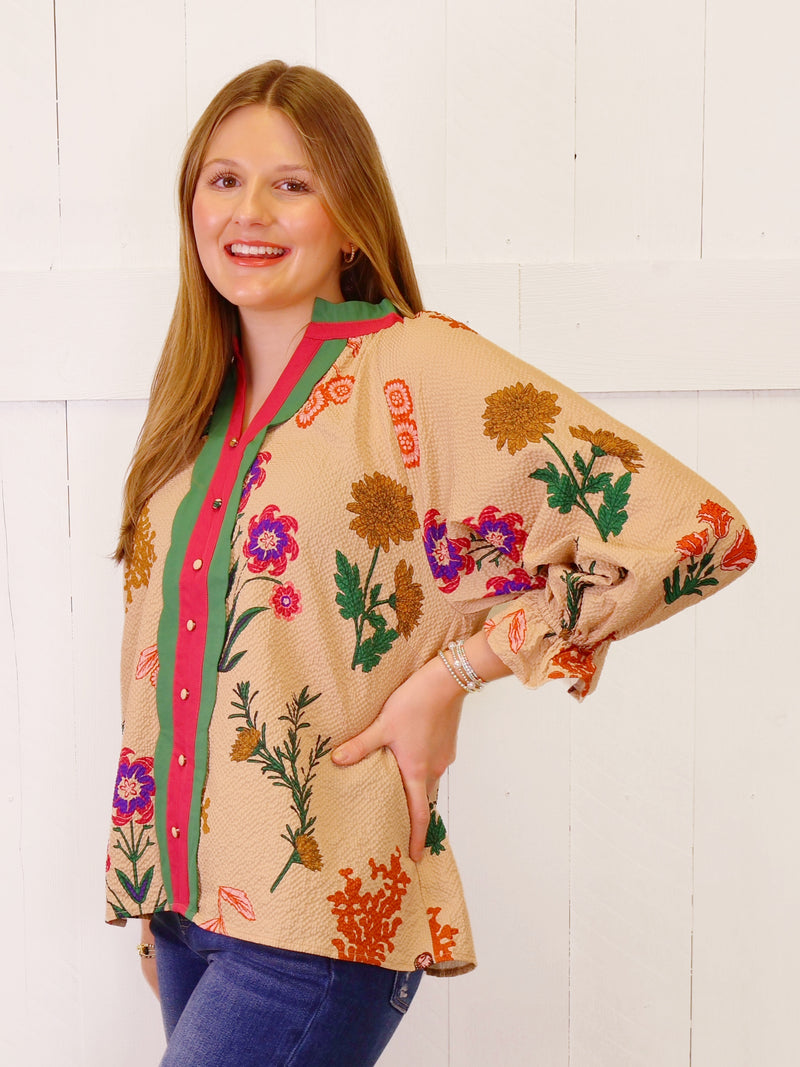 Women’s Tan Floral Split Neck Top