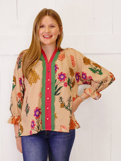 Women’s Tan Floral Split Neck Top