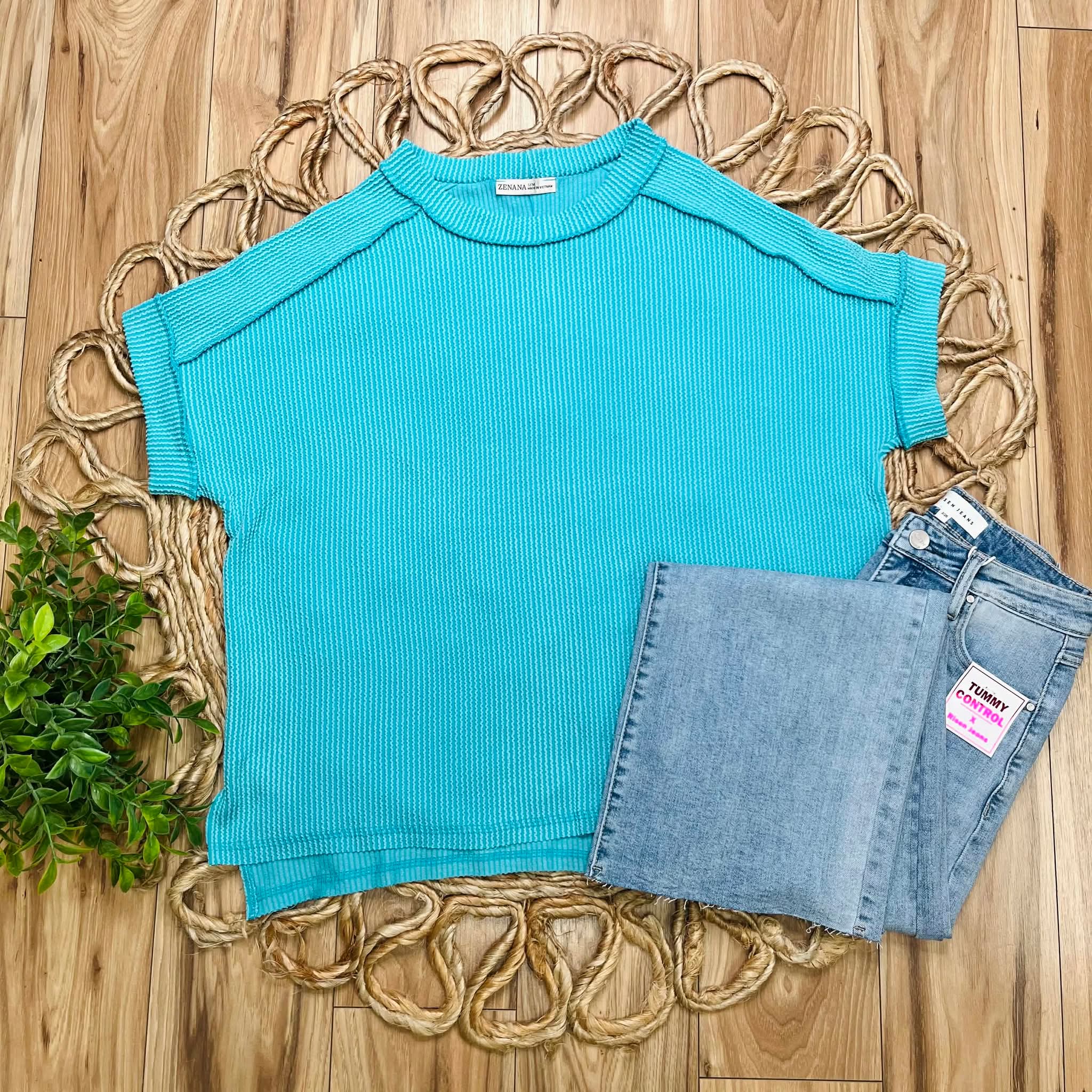 Women’s Turquoise Ribbed Cuff Sleeve Top Basic