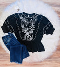 Women’s Umgee Black Embroidered Puff Sleeve Peplum Top