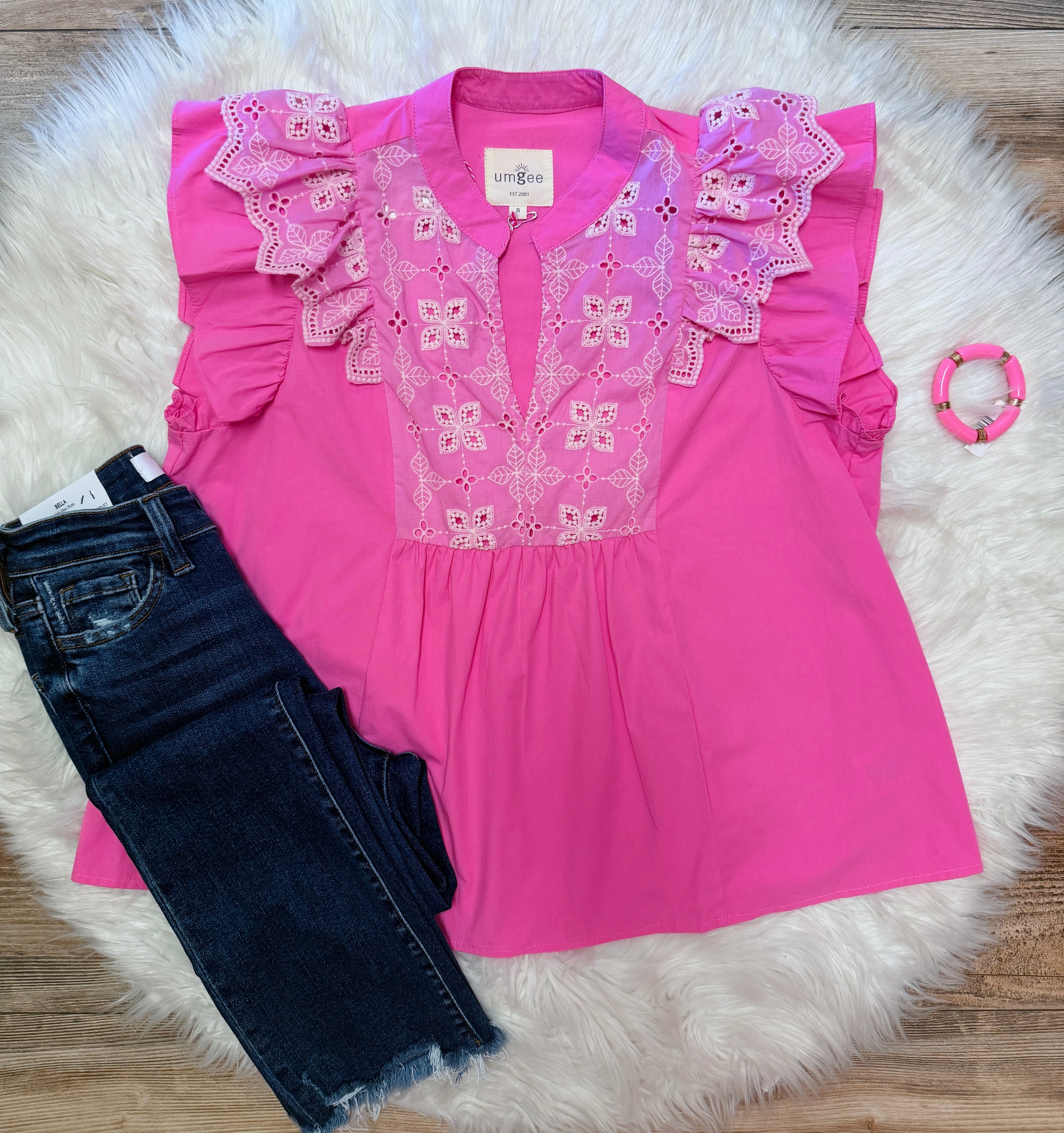 Women’s Umgee Bubblegum Pink Embroidered Flutter Sleeve Top