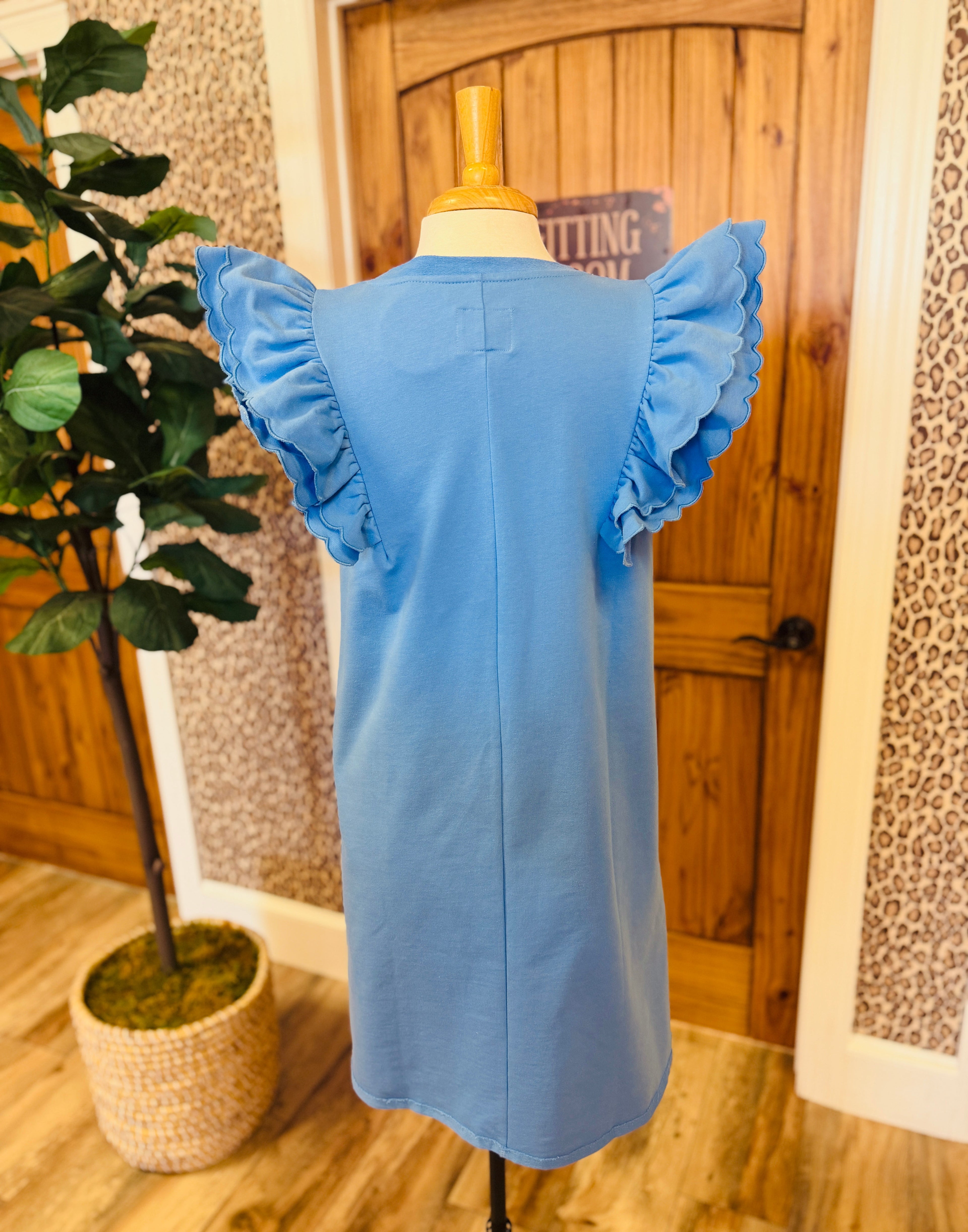 Women’s Umgee Cornflower Blue Flutter Sleeve Shirt Dress