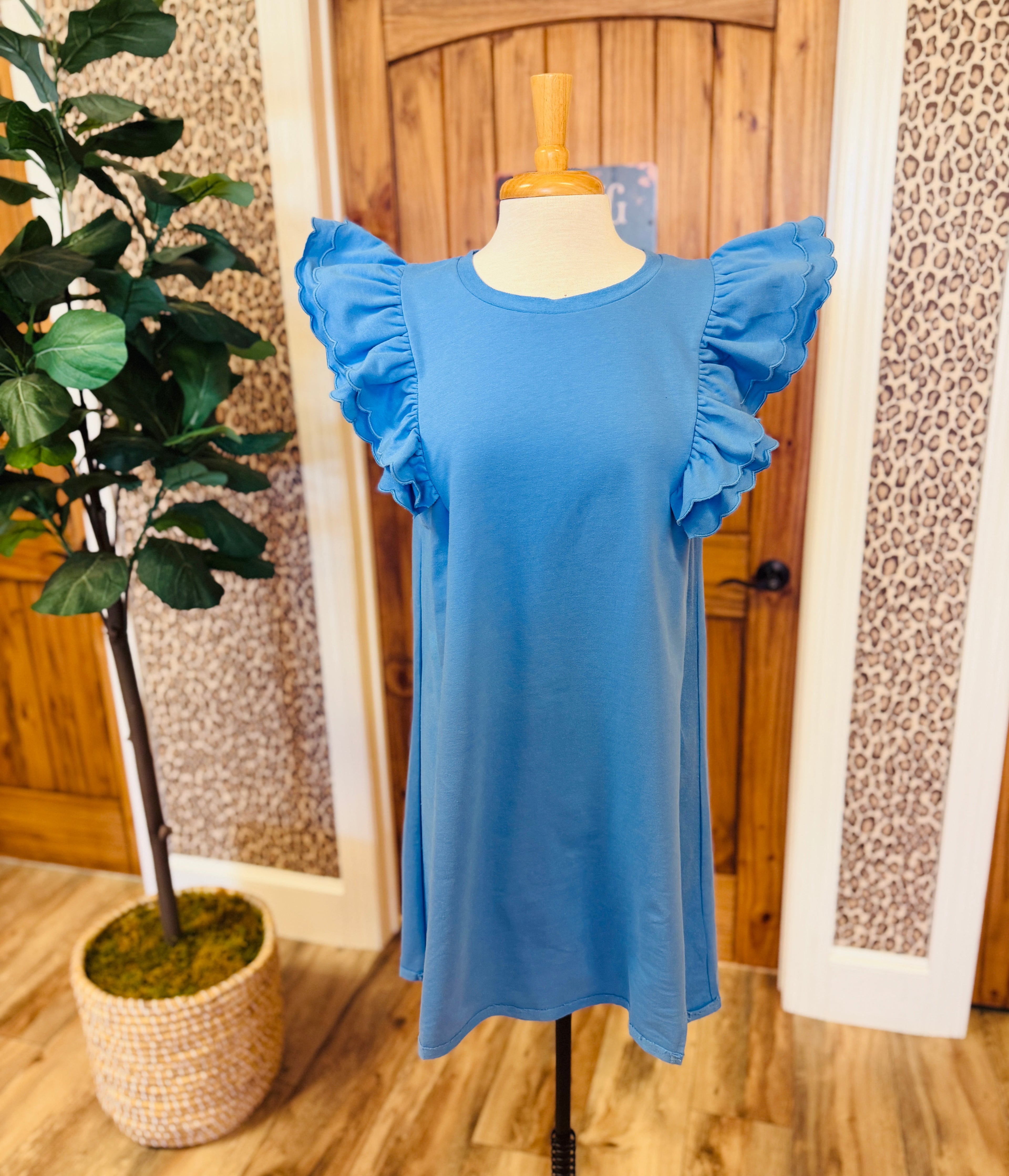 Women’s Umgee Cornflower Blue Flutter Sleeve Shirt Dress