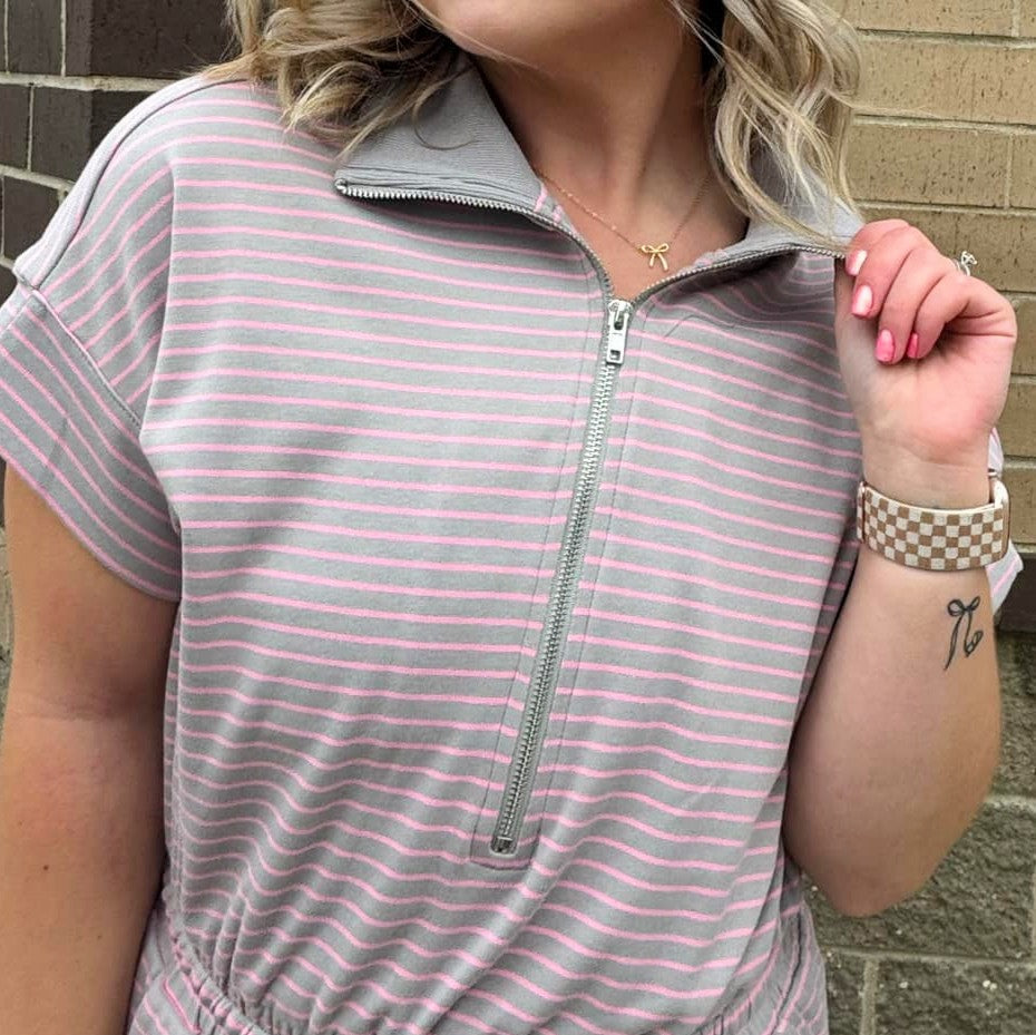 Umgee Grey and Pink Striped Draw String Romper - Mini Mee Boutique