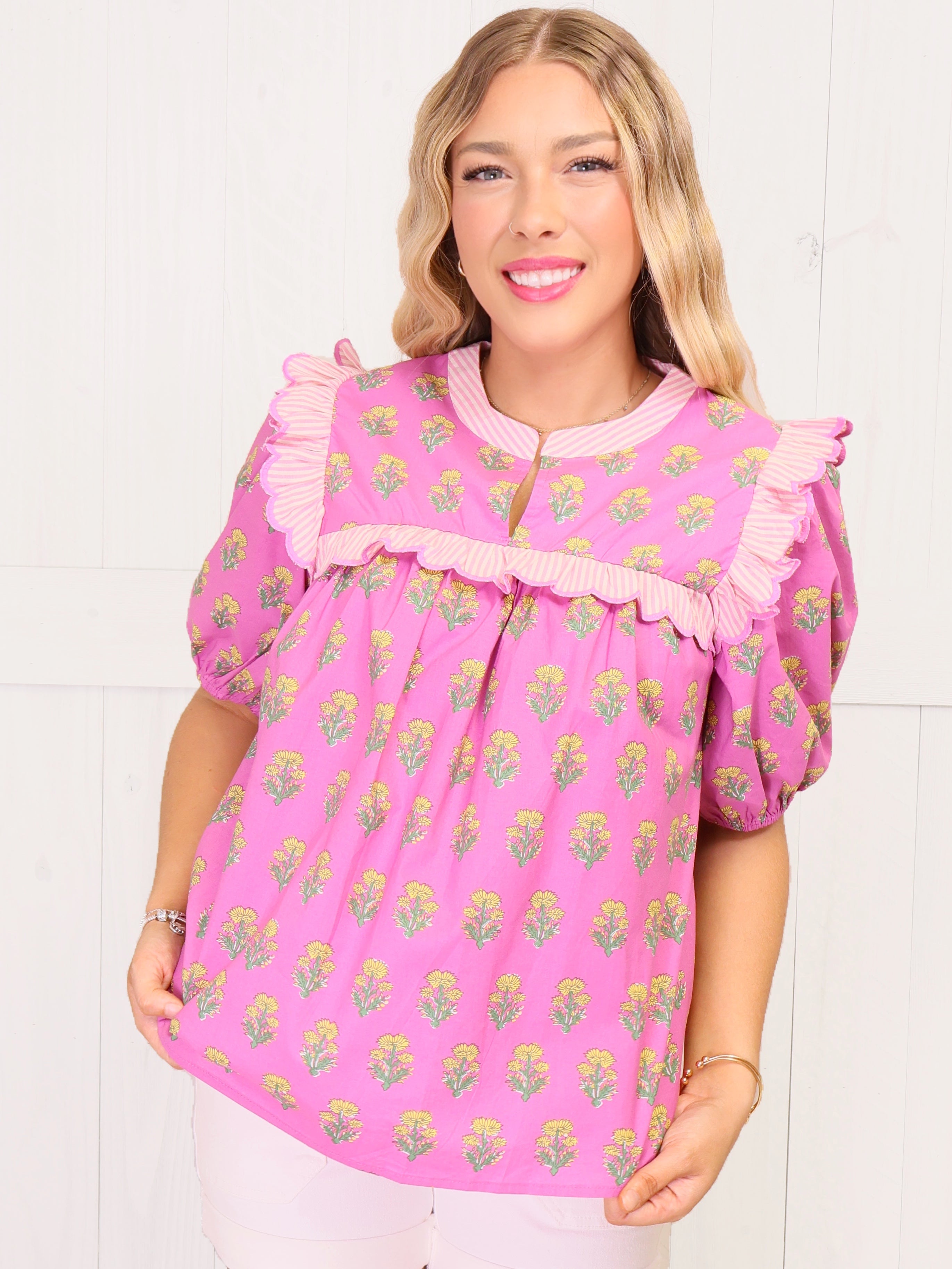 Women's Umgee Lavender Baby doll Ruffle Trim Blouse Top