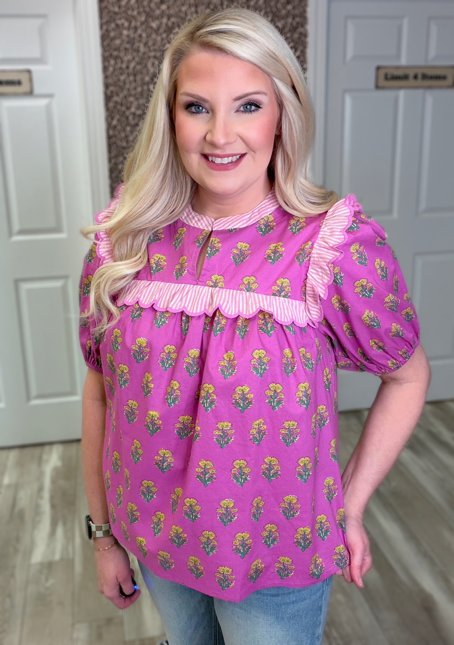 Women's Umgee Lavender Baby doll Ruffle Trim Blouse Top