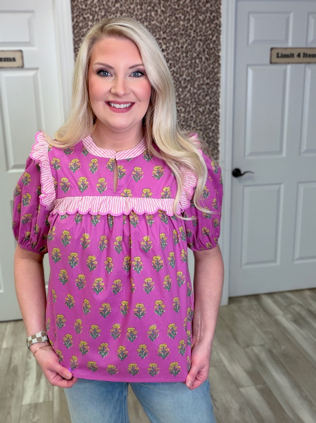 Women's Umgee Lavender Baby doll Ruffle Trim Blouse Top