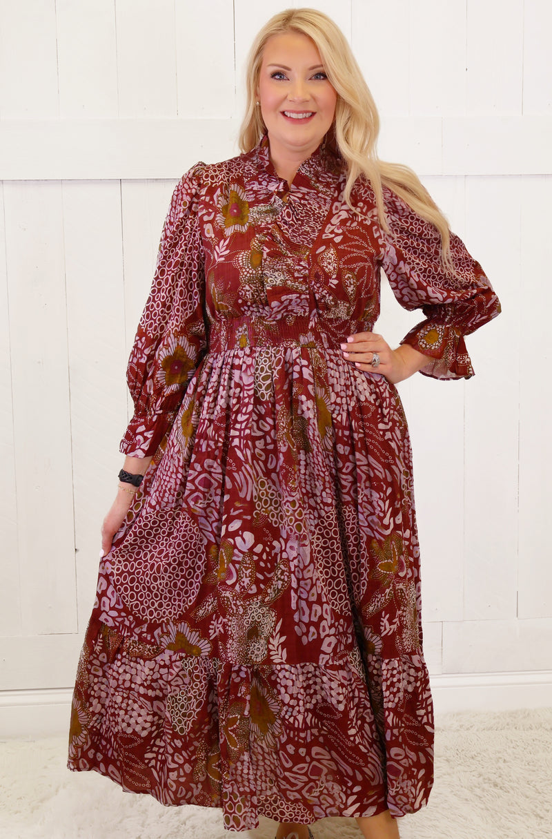 Women’s Umgee Merlot Mixed Print Midi Dress