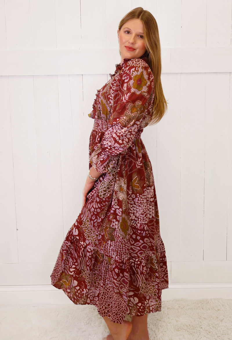 Women’s Umgee Merlot Mixed Print Midi Dress