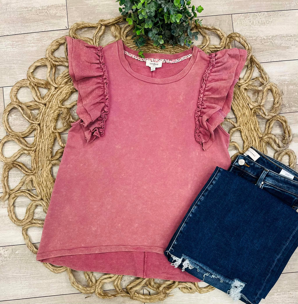 Women’s Umgee Mineral Wash Ruffle Sleeve Top