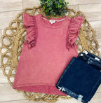 Women’s Umgee Mineral Wash Ruffle Sleeve Top
