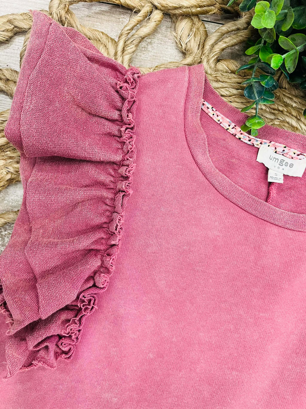 Women’s Umgee Mineral Wash Ruffle Sleeve Top