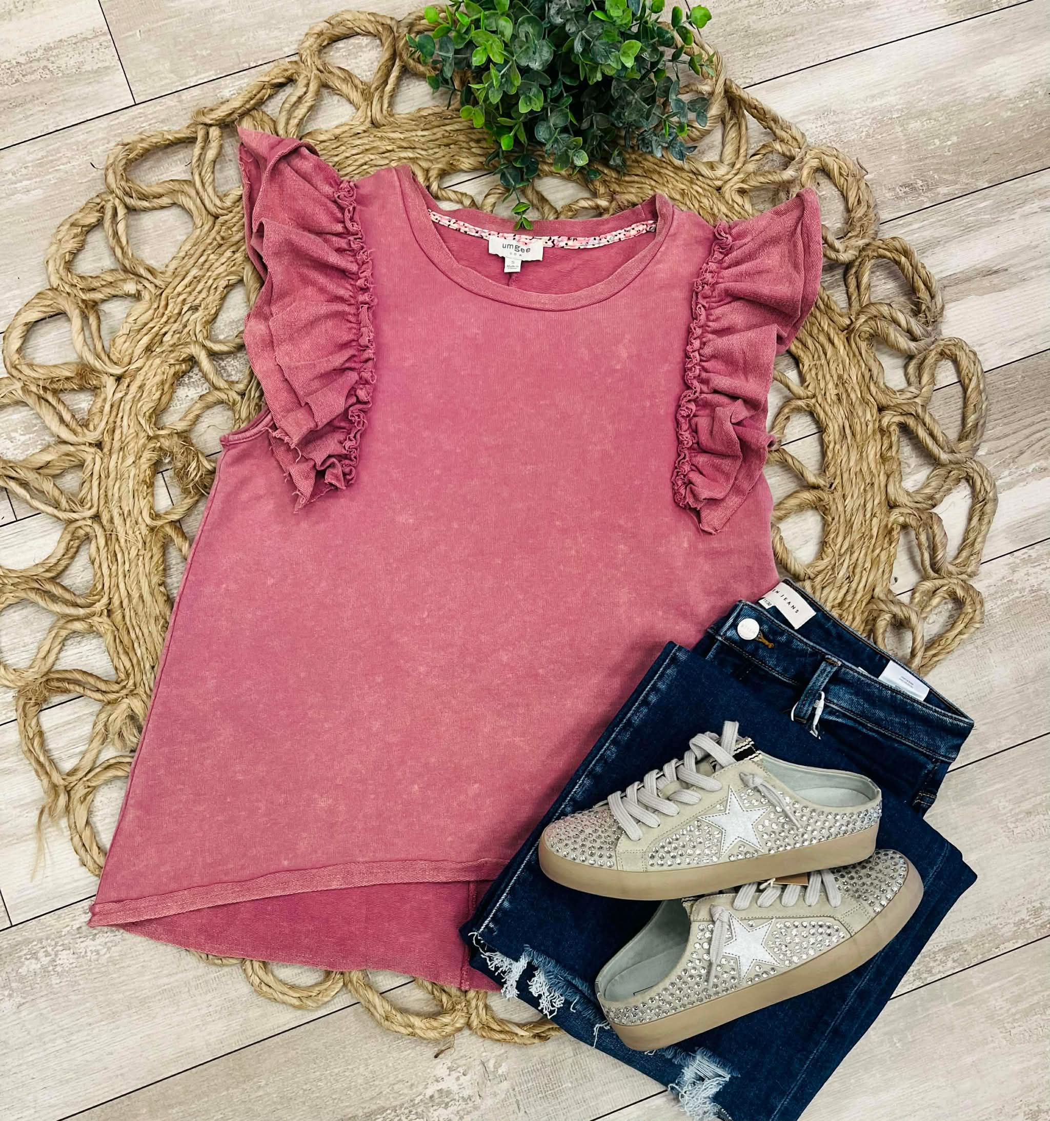 Women’s Umgee Mineral Wash Ruffle Sleeve Top