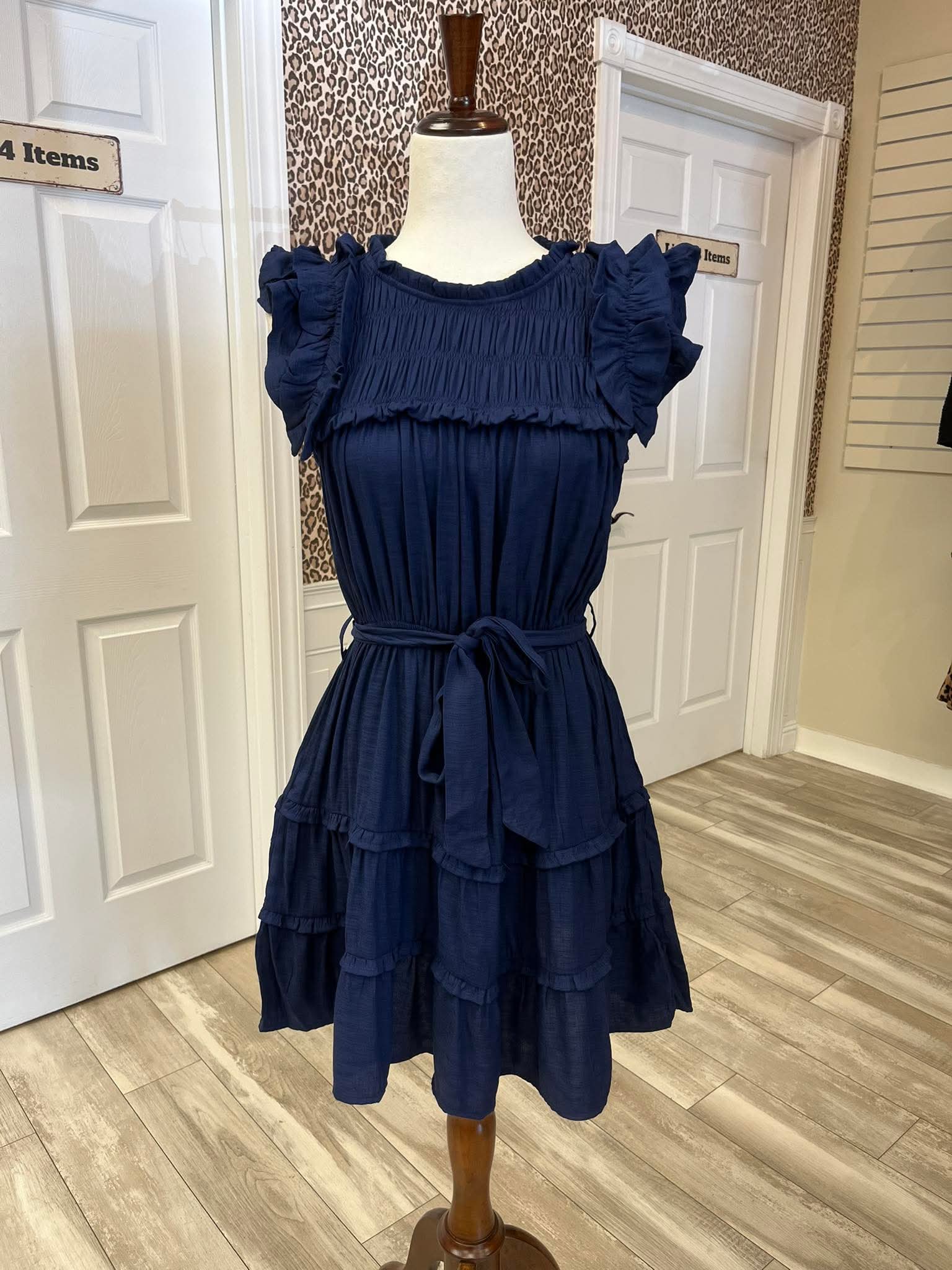 Women’s Umgee Navy Blue Ruffle Belted Dress