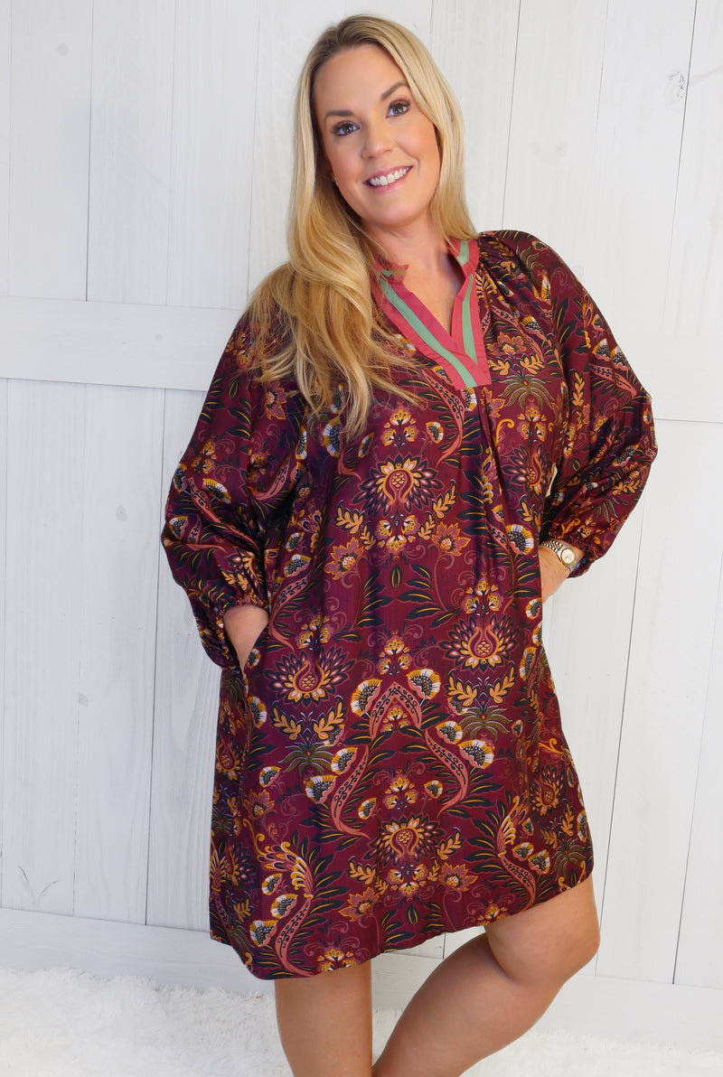 Women’s Umgee Split Neck Wine Floral Dress