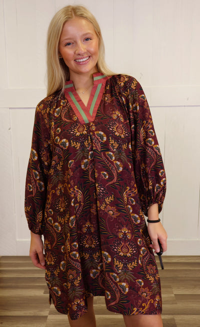 Women’s Umgee Split Neck Wine Floral Dress