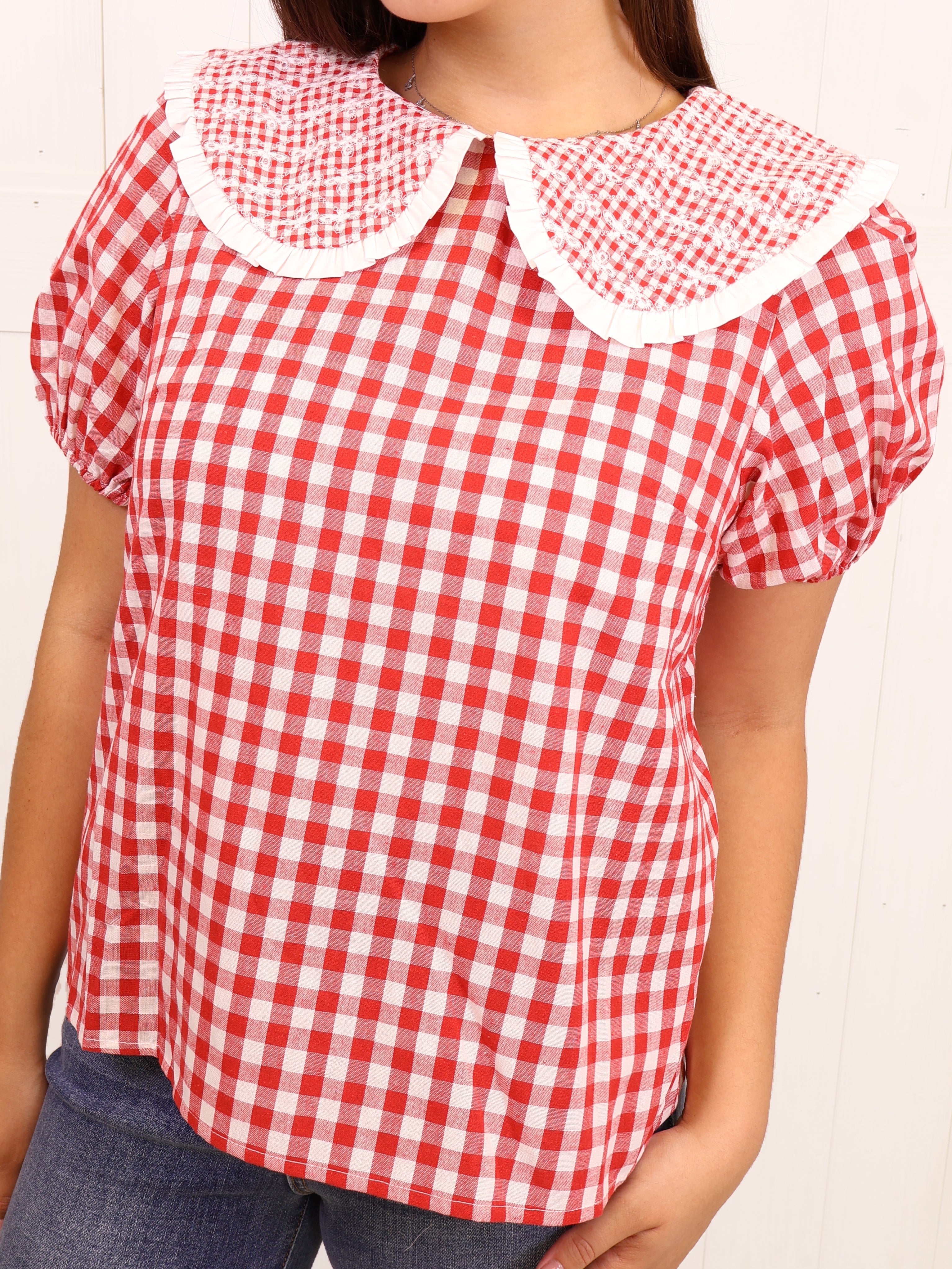 Women's VOY Red Gingham Embordered Collar Top