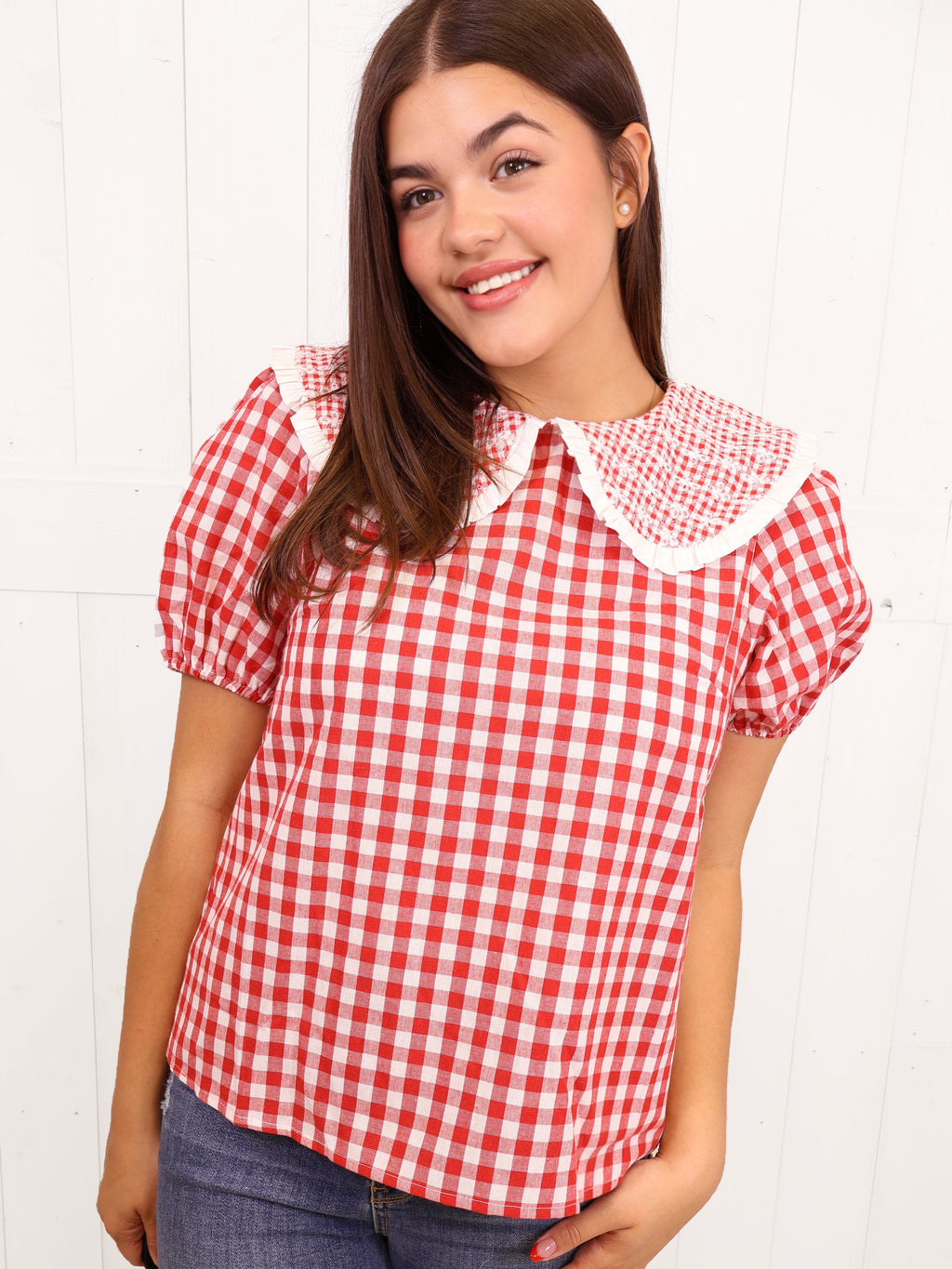 Women's VOY Red Gingham Embordered Collar Top
