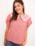 Women's VOY Red Gingham Embordered Collar Top
