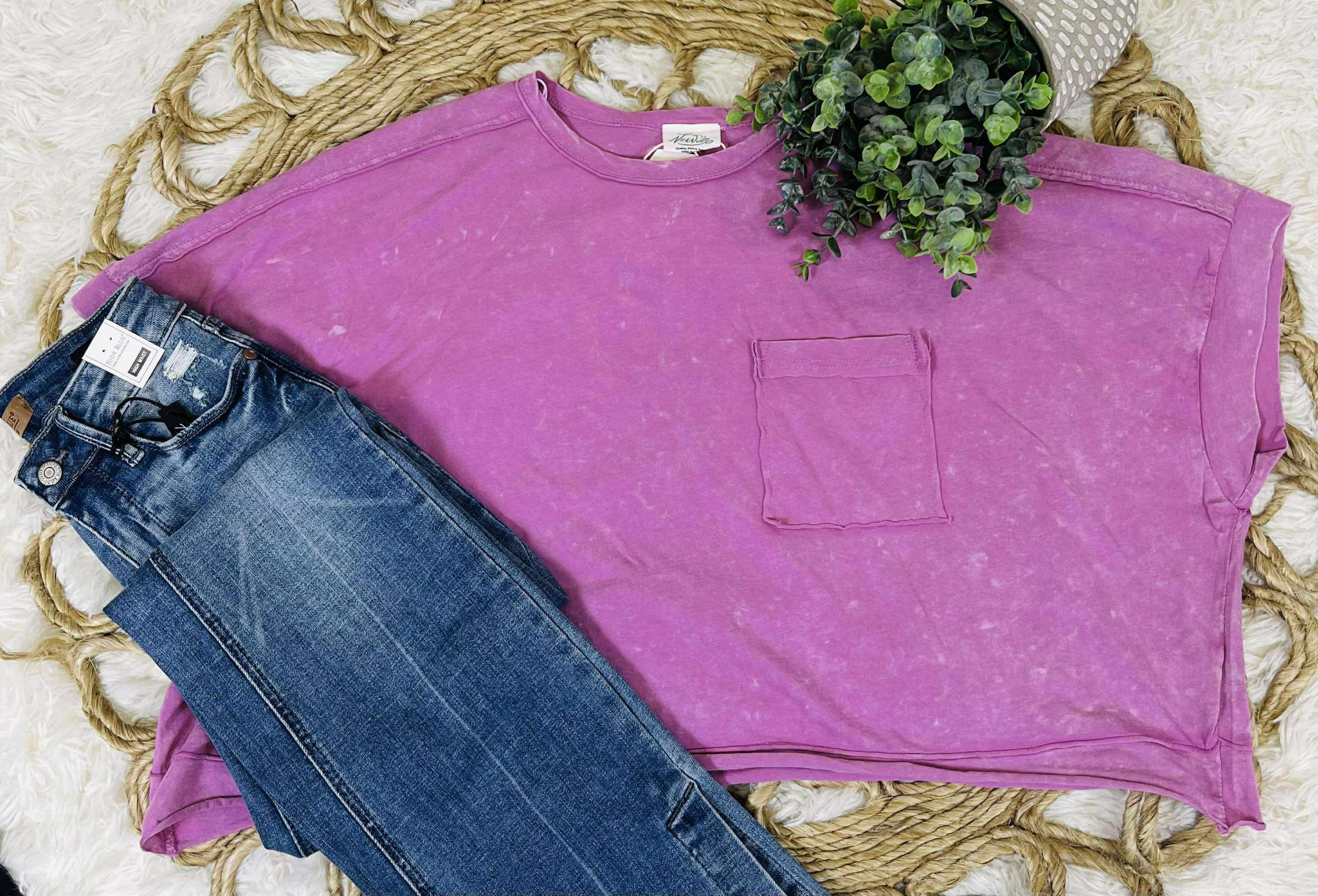 Women's Very J Orchid Acid Wash Basic round neck top