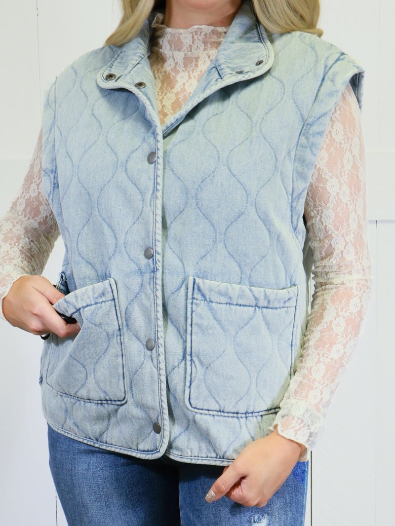 Women’s Washed Denim Button Down Vest Sweater Top