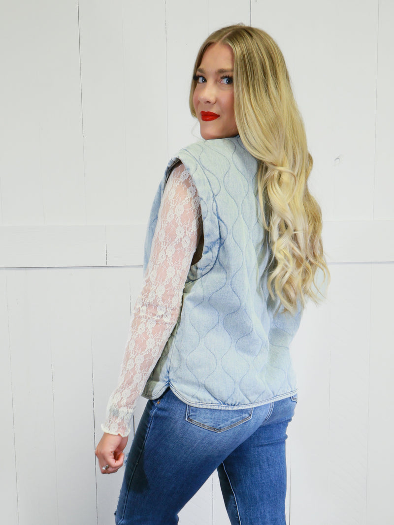 Women’s Washed Denim Button Down Vest Sweater Top