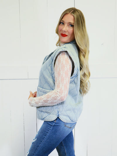 Women’s Washed Denim Button Down Vest Sweater Top