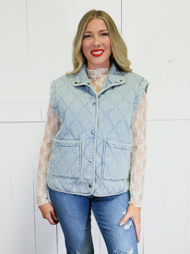 Women’s Washed Denim Button Down Vest Sweater Top
