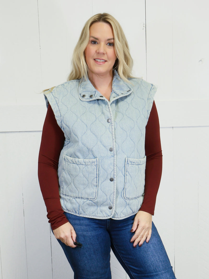 Women’s Washed Denim Button Down Vest Sweater Top