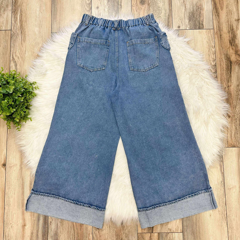 Women’s Washed Denim Wide Leg Bow Pocket Jeans