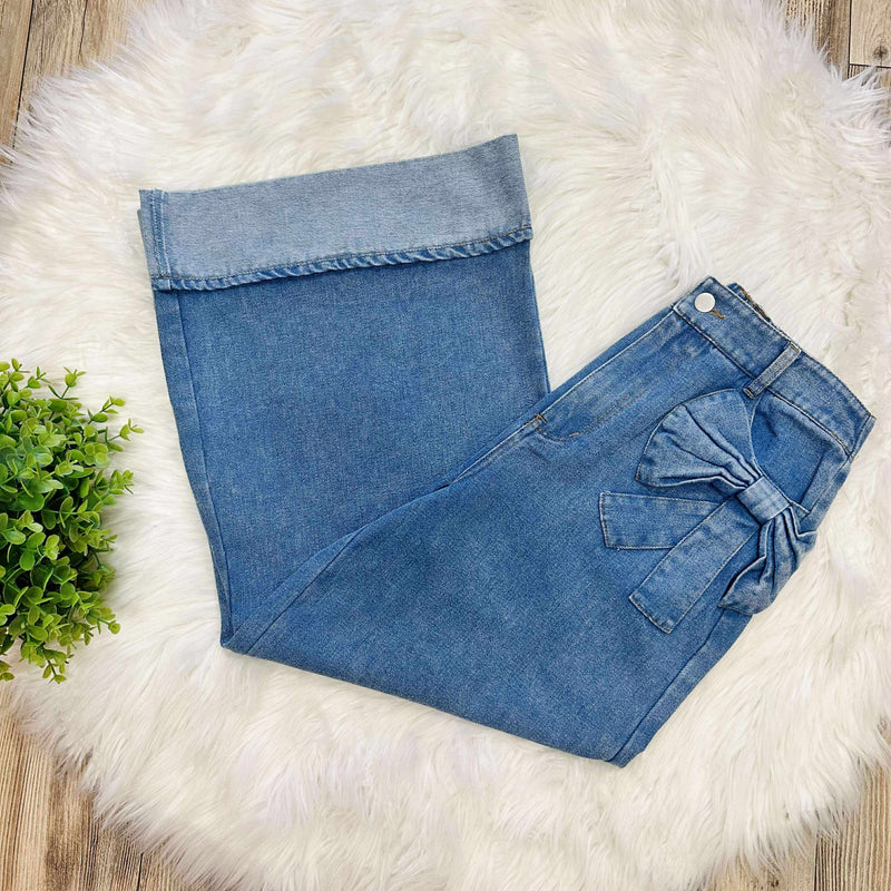 Women’s Washed Denim Wide Leg Bow Pocket Jeans