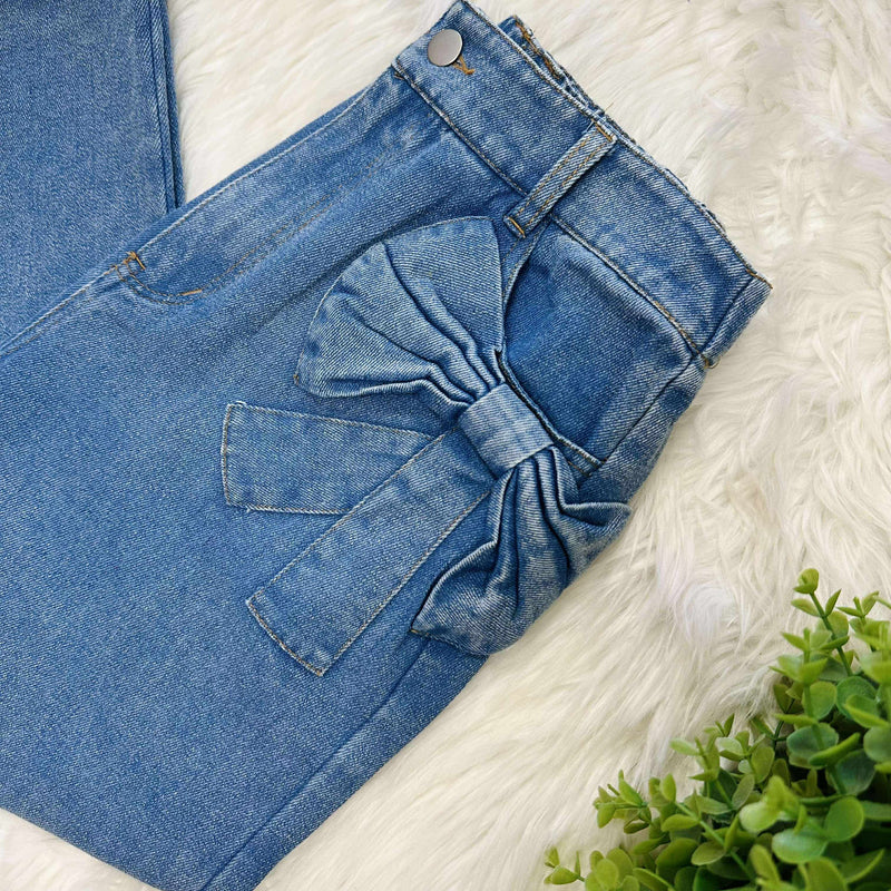 Women’s Washed Denim Wide Leg Bow Pocket Jeans