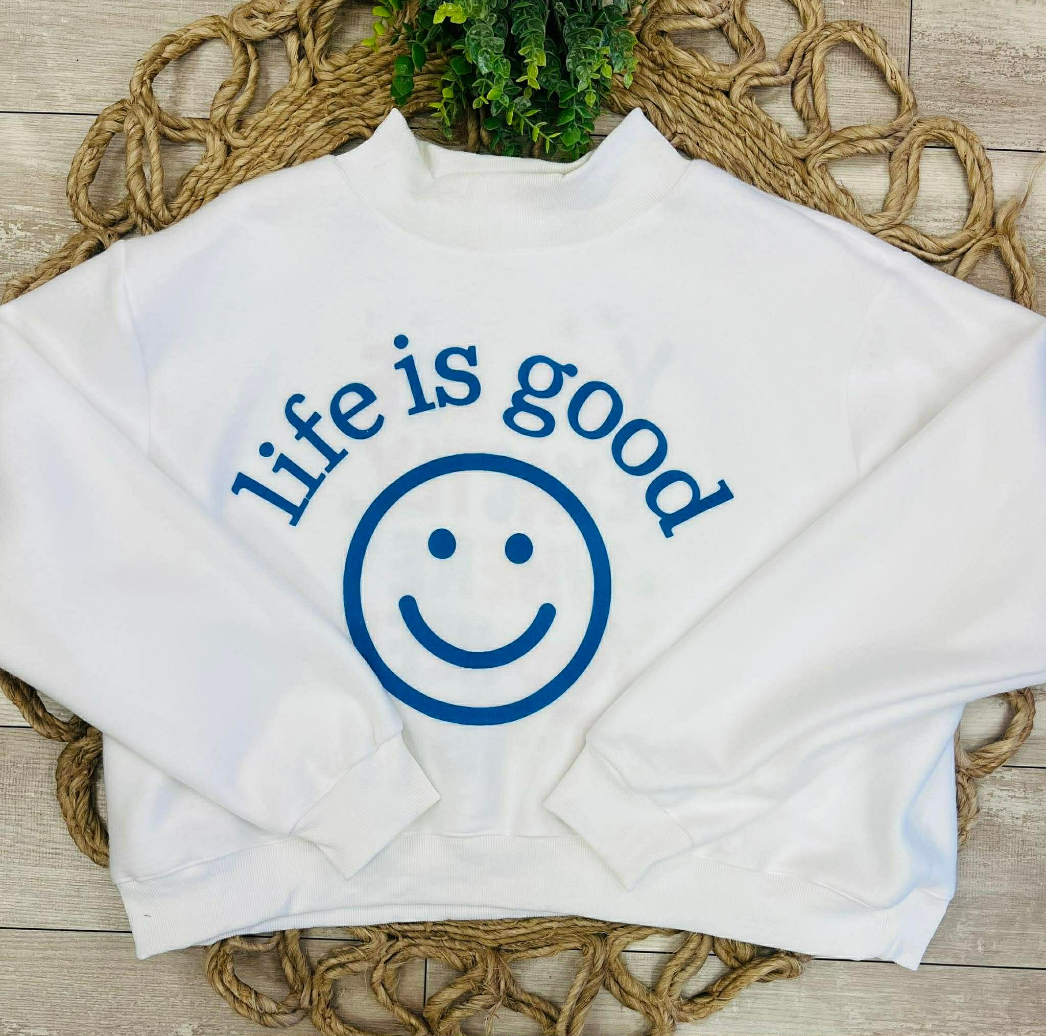 Women’s White Life Is Good Reversible Mockneck Oversized Sweatshirt