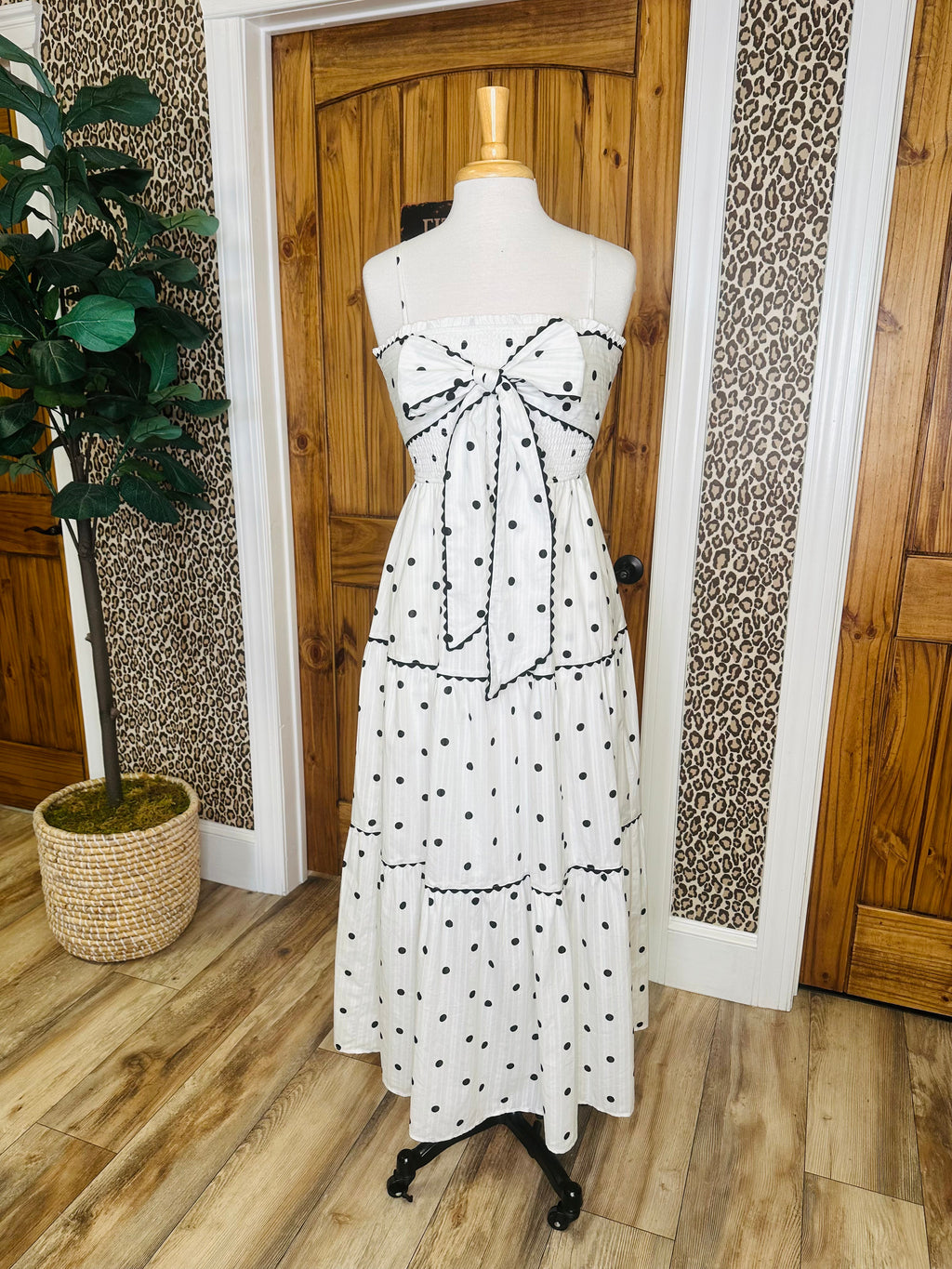 Women’s White and Black Polka Dot Smocked Dress with Bow Tie