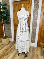 Women’s White and Black Polka Dot Smocked Dress with Bow Tie
