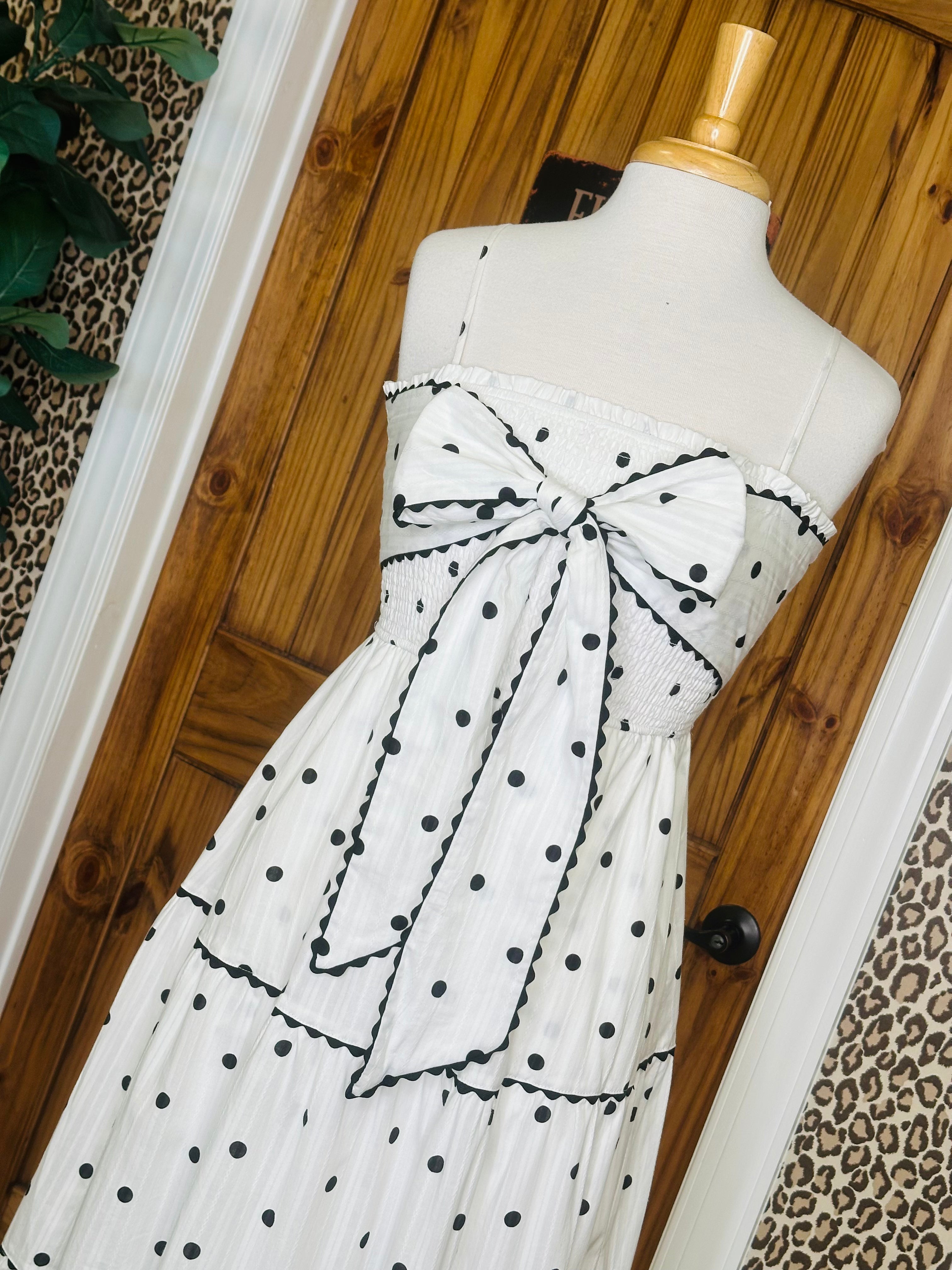 Women’s White and Black Polka Dot Smocked Dress with Bow Tie