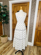 Women’s White and Black Polka Dot Smocked Dress with Bow Tie