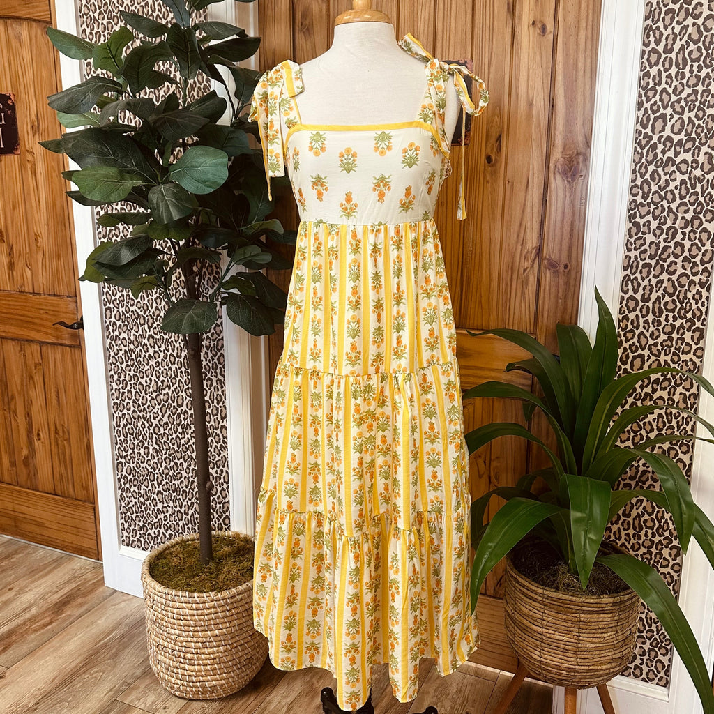 Women’s Yellow Striped Floral Midi Dress