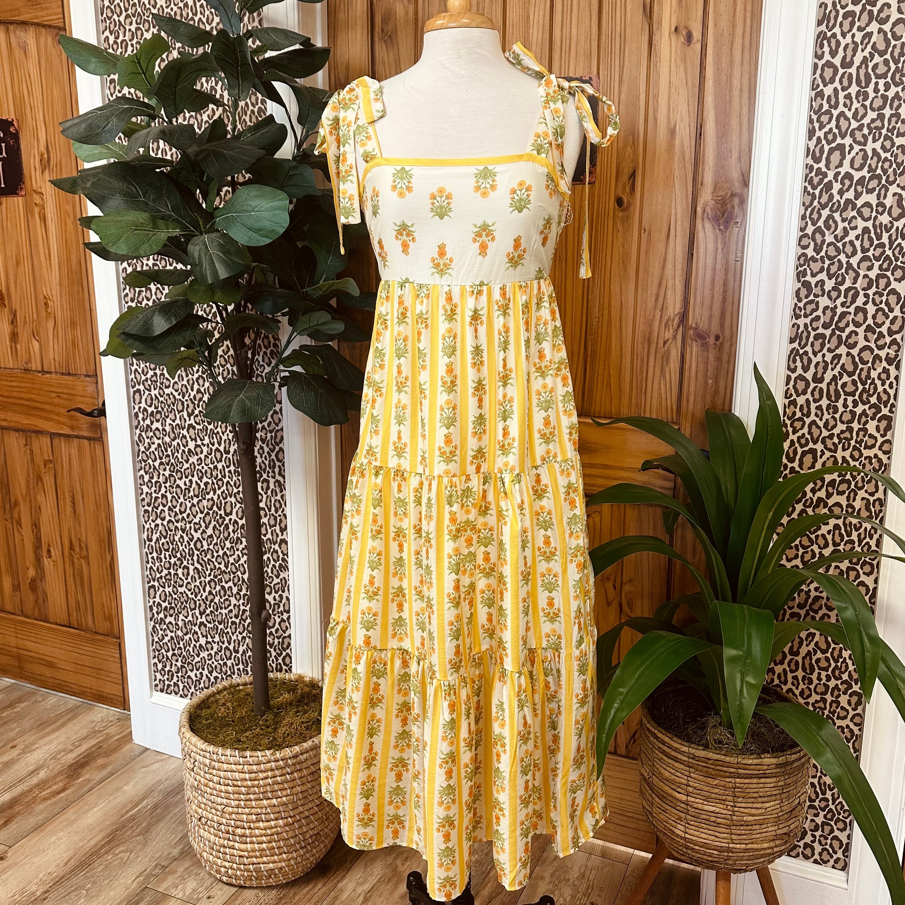 Women’s Yellow Striped Floral Midi Dress