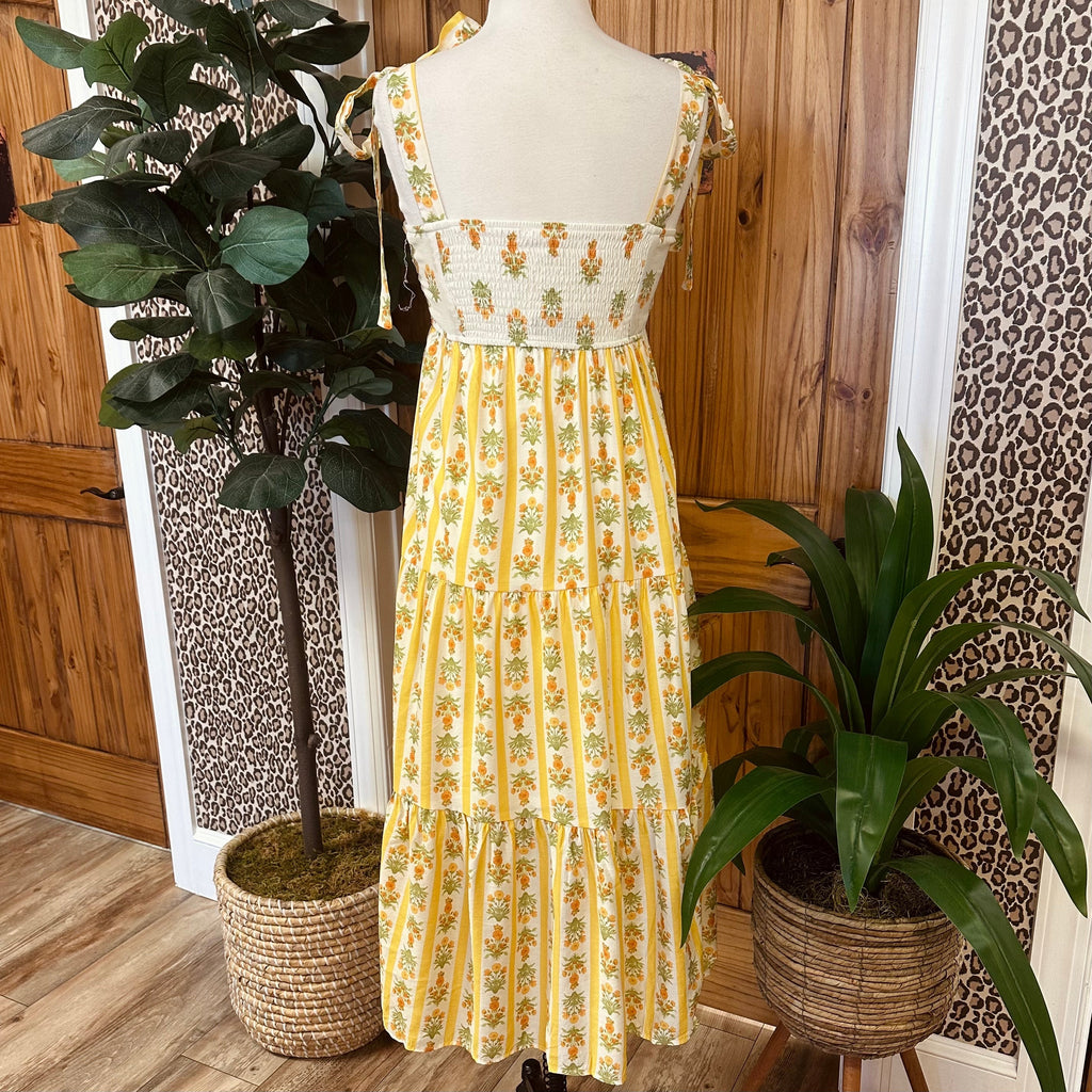 Women’s Yellow Striped Floral Midi Dress