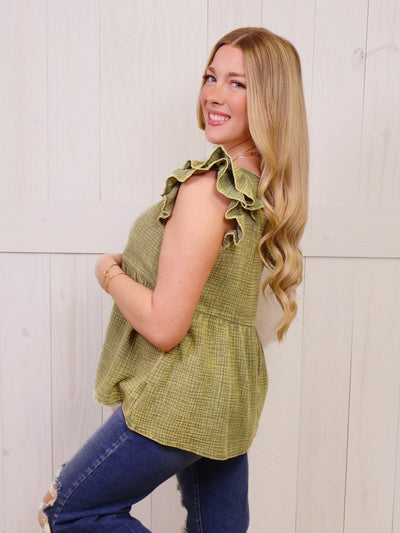 Women’s Zenana Acid Wash Ruffle Top