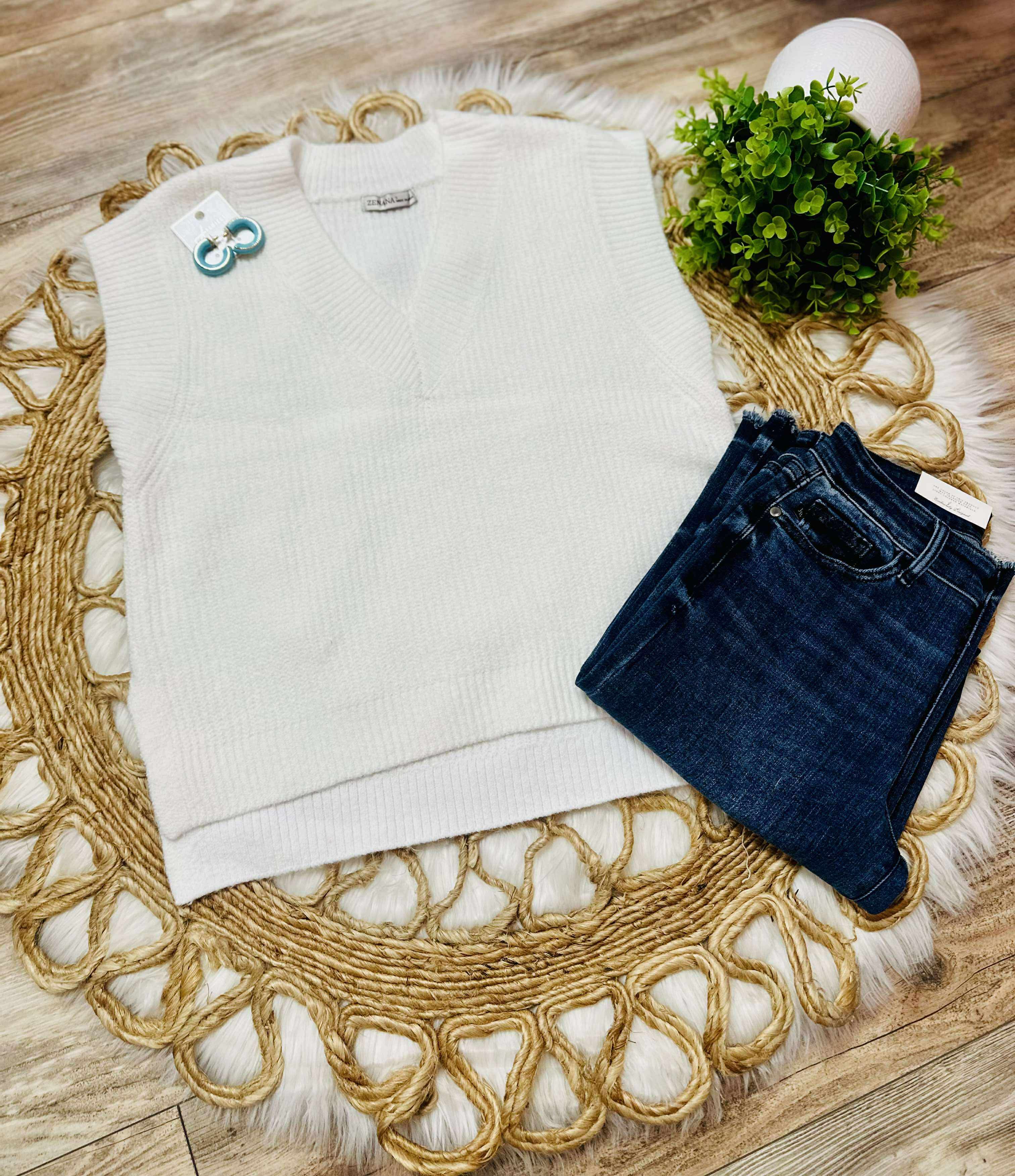 Women’s Zenana Cream V-Neck Sweater Vest with Side Slit