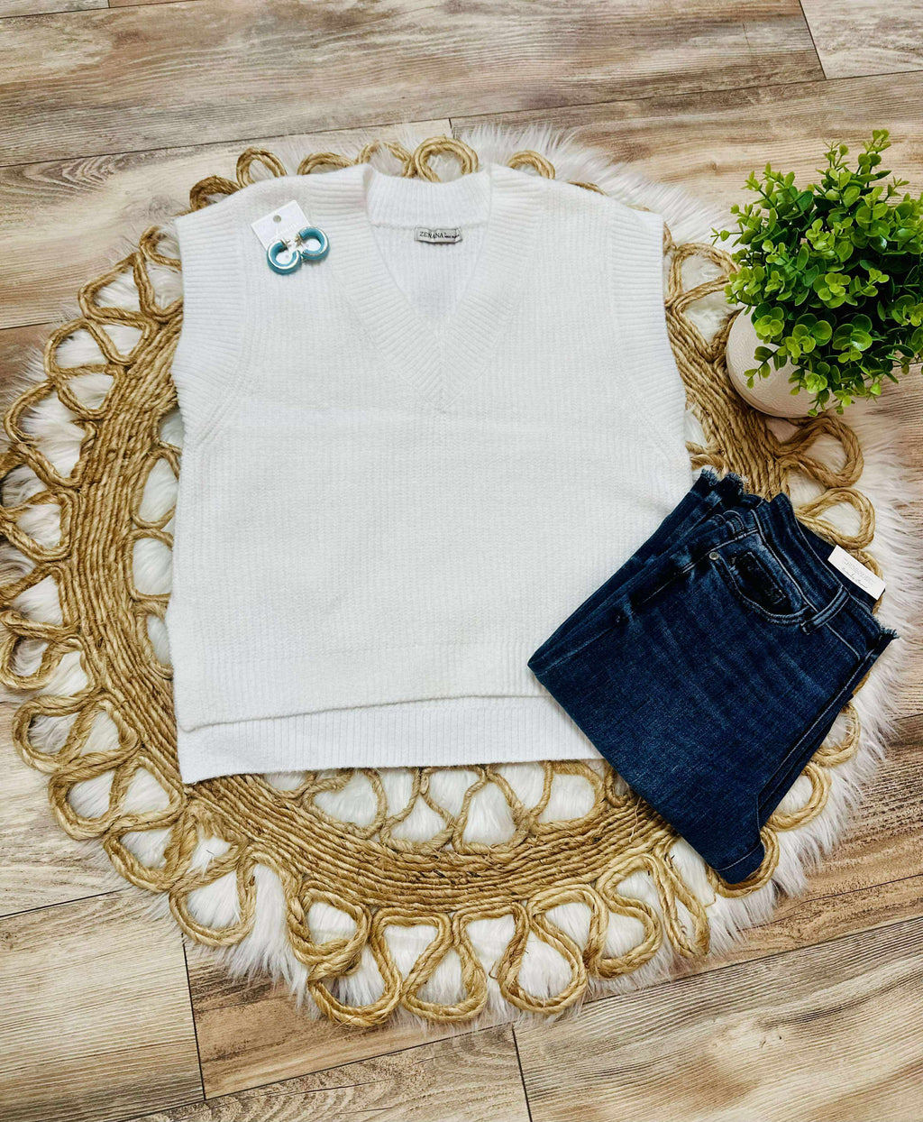 Women’s Zenana Cream V-Neck Sweater Vest with Side Slit